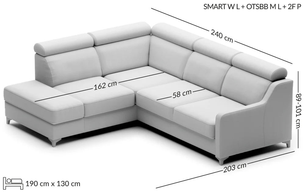 SMART kampinė sofa su otomane — matmenų brėžinys su nurodytu pločiu, gyliu ir aukščiu