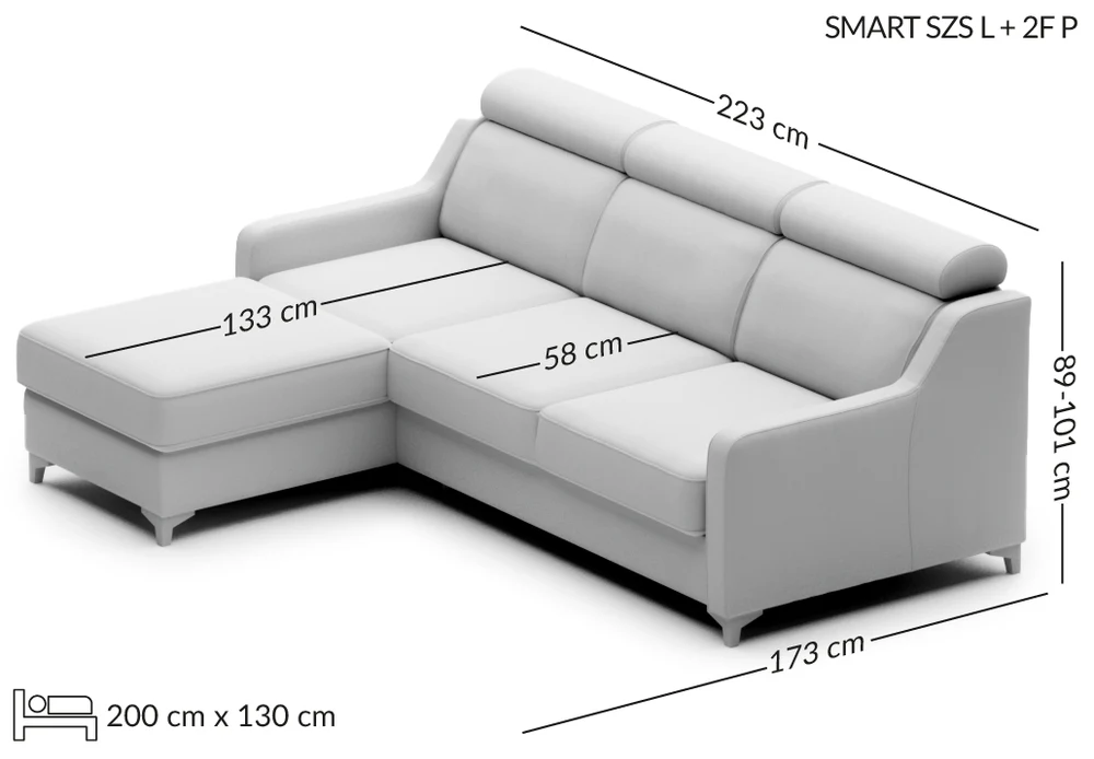 SMART maža išskleidžiama kampinė sofa — matmenų brėžinys su nurodytu pločiu, gyliu ir aukščiu