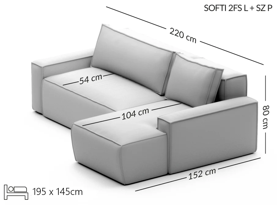 SOFTI nedidelė išskleidžiama kampinė sofa — matmenų brėžinys su nurodytu pločiu, gyliu ir aukščiu