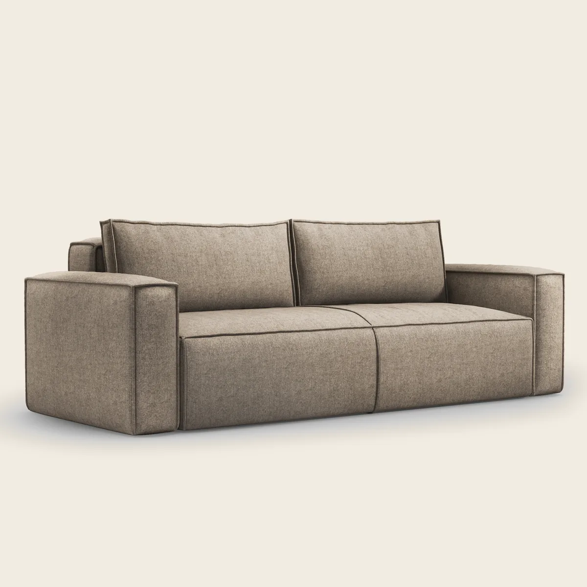 SOFTI trivietė sofa loftinio stiliaus erdvėje, vaizdas iš priekio