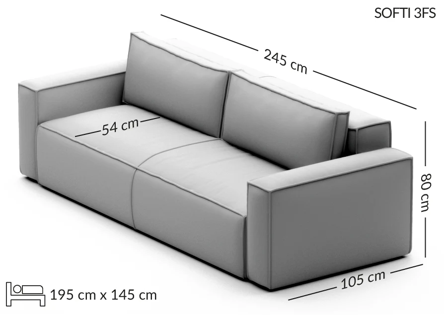 SOFTI trivietė sofa su miego funkcija — matmenų brėžinys su nurodytu pločiu, gyliu ir aukščiu
