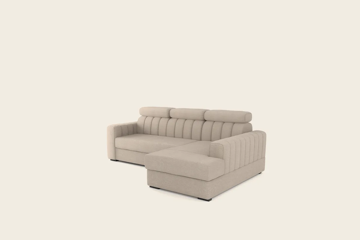 SONO kampinė sofa iš priekio su reguliuojamais galvos atlošais