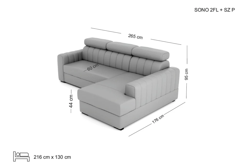 SONO išskleidžiama kampinė sofa svetainei — matmenų brėžinys su nurodytu pločiu, gyliu ir aukščiu