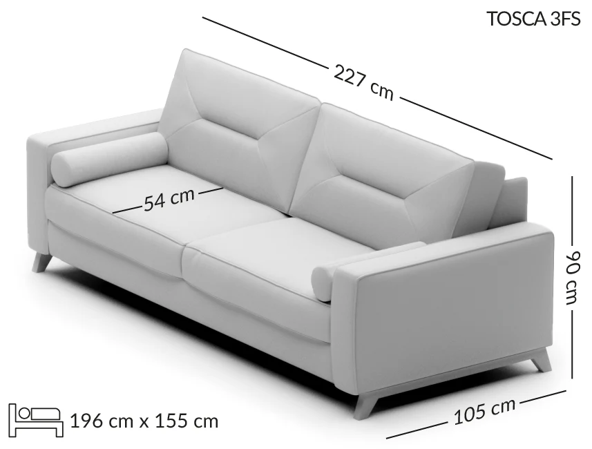 TOSCA kompaktiška trivietė sofa — matmenų brėžinys su nurodytu pločiu, gyliu ir aukščiu